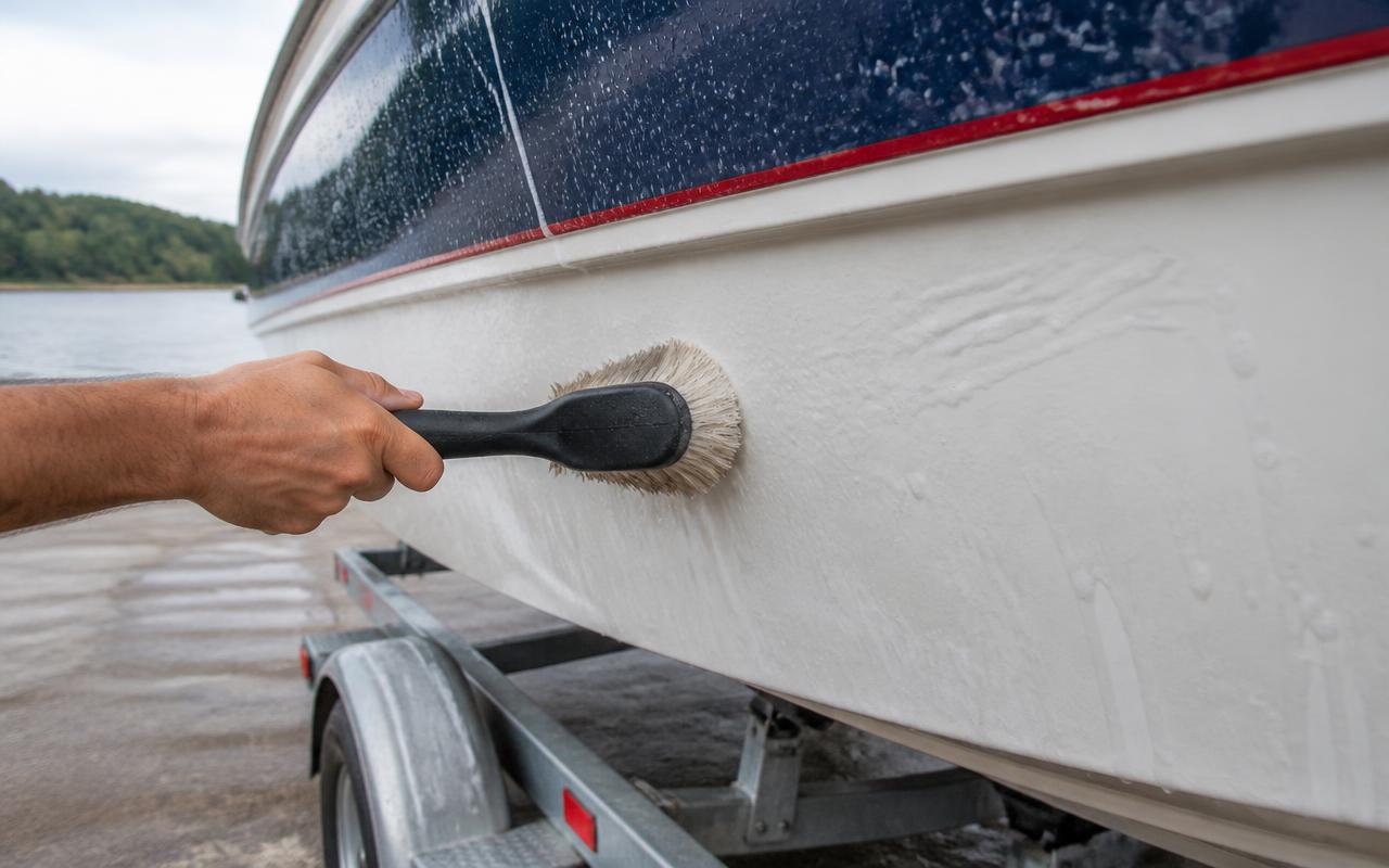Hand scrubbing a soapy white boat hull with a marine-safe brush during boat detailing