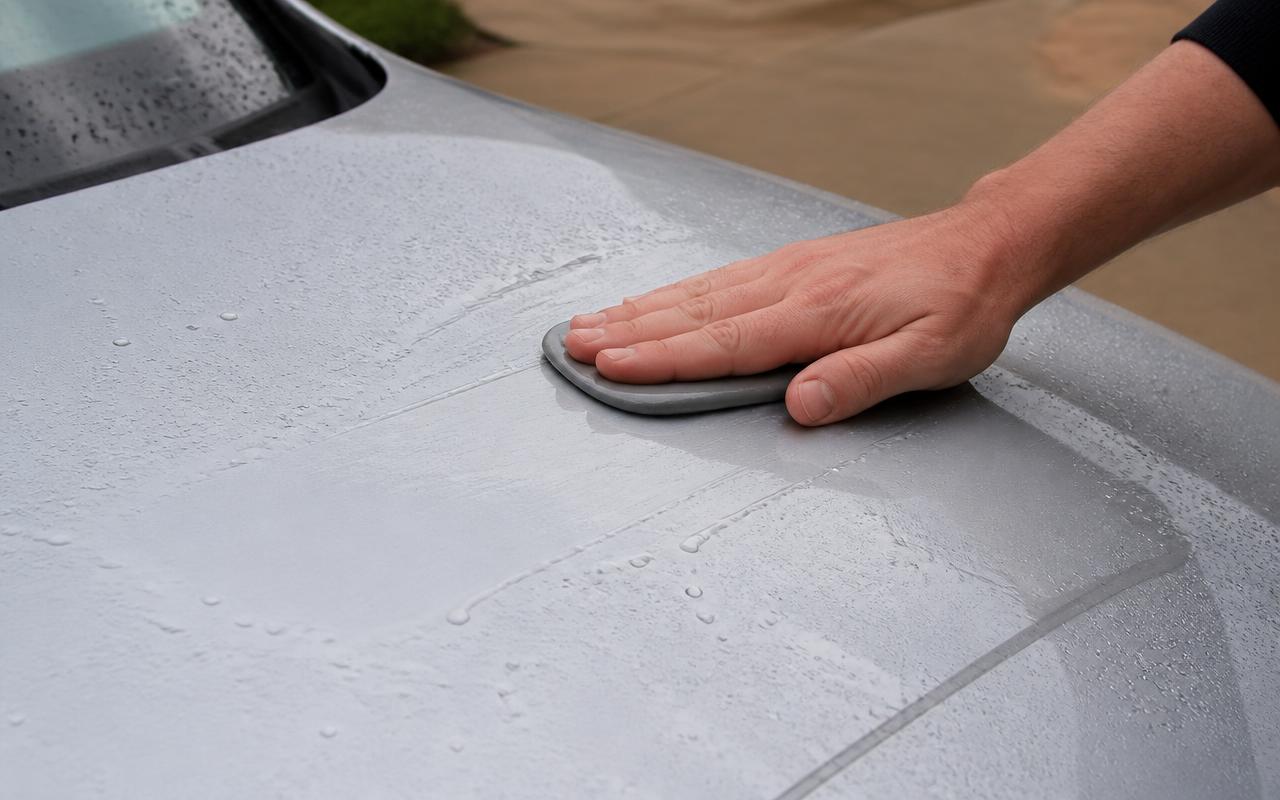 Hand gliding a clay bar across a lubricated silver car hood during clay bar decontamination