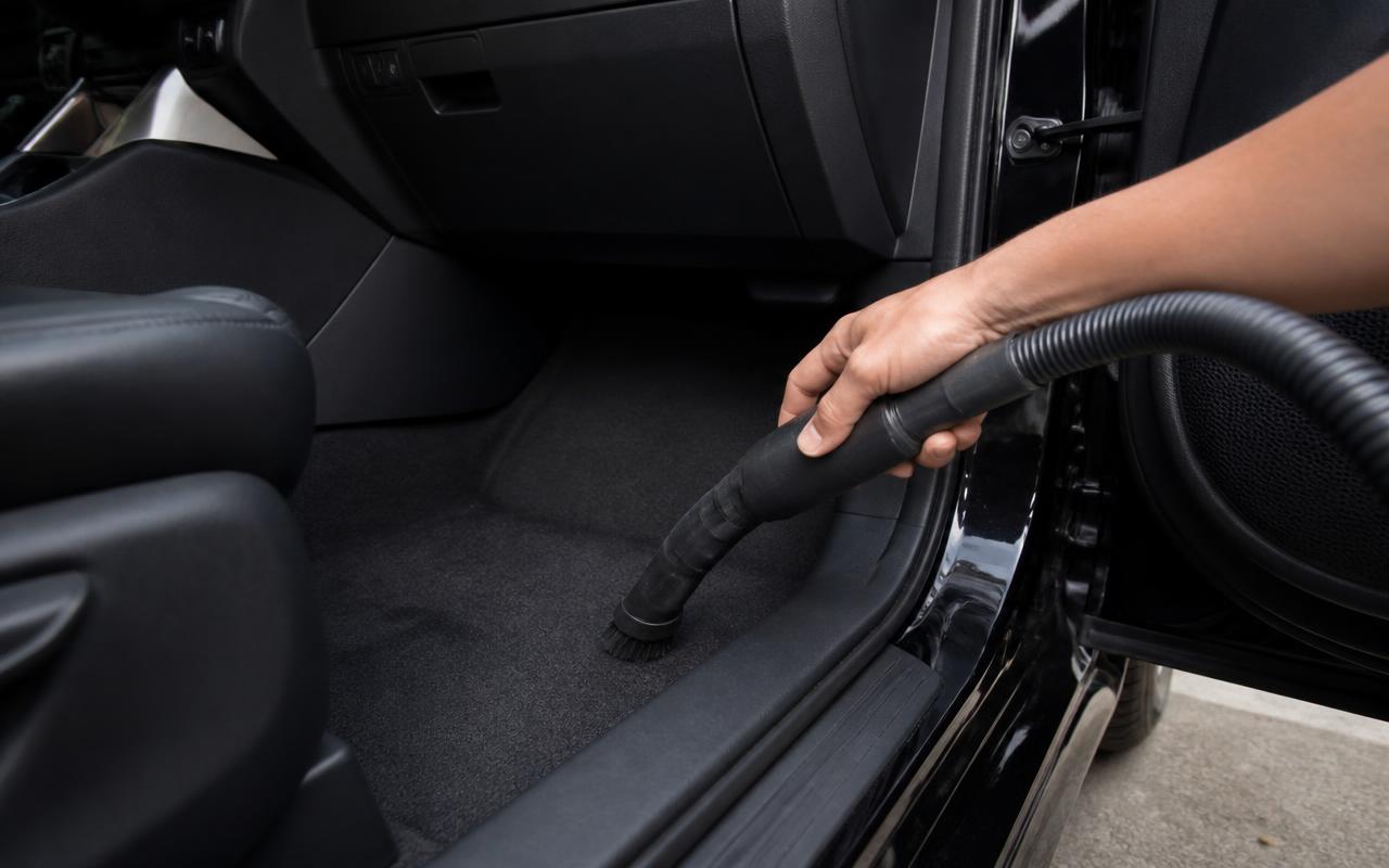 Detailer's hand using a handheld vacuum crevice nozzle on a car interior carpet during complete mobile interior and exterior detailing
