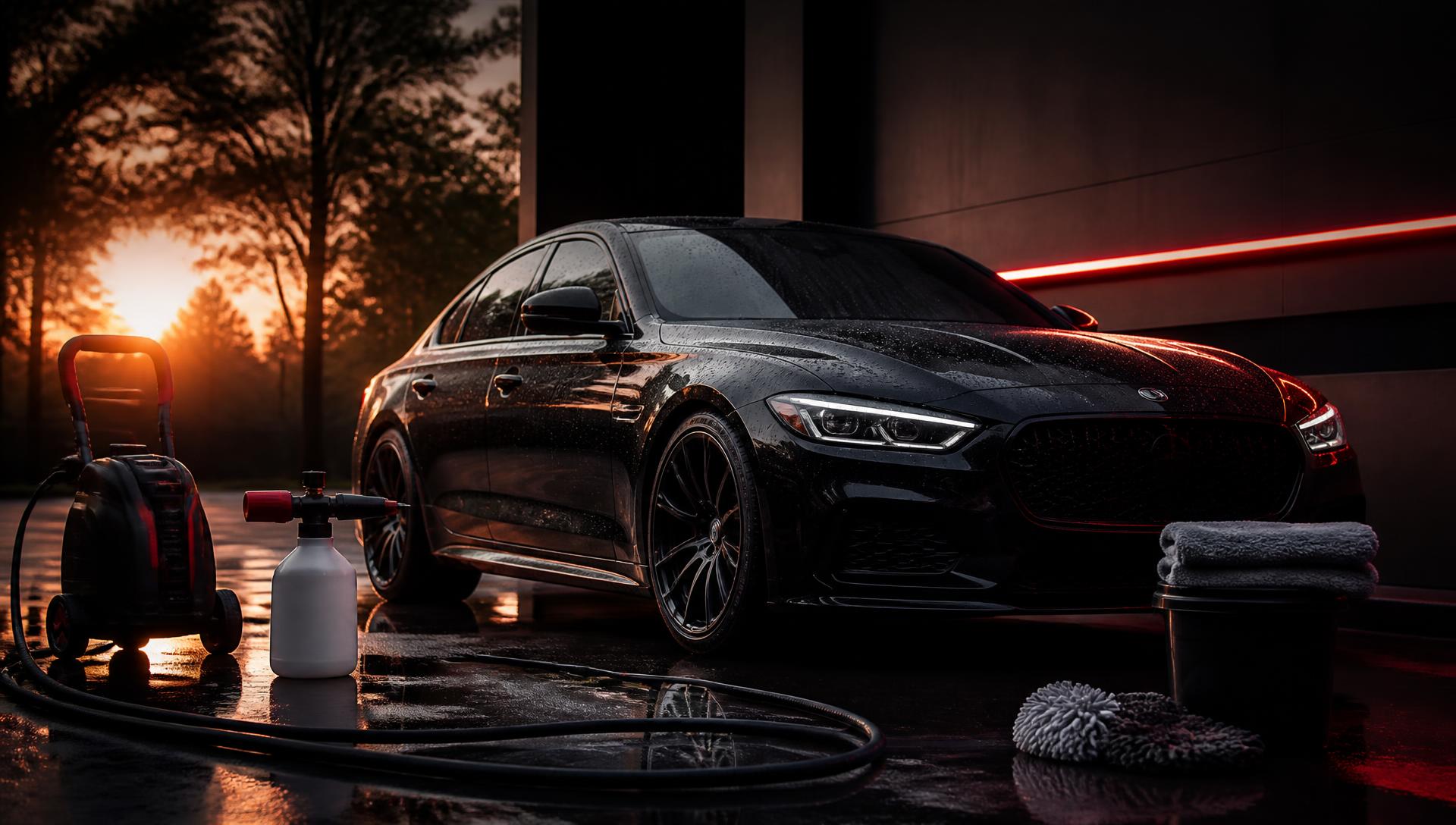 Freshly detailed black sedan with professional mobile detailing equipment