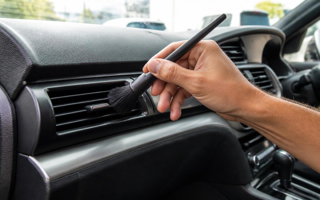 Hand cleaning dashboard air vents with a soft detailing brush during interior and exterior detailing