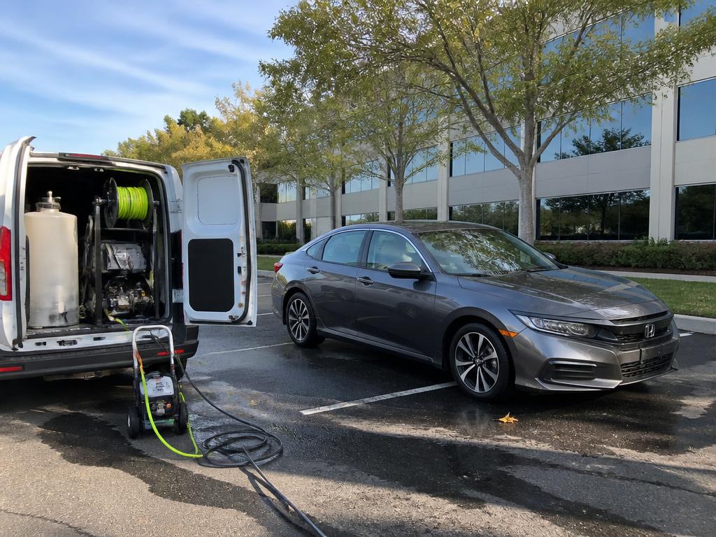 Self-contained mobile detailing van, water tank and pressure washer set up beside a customer car in an office lot
