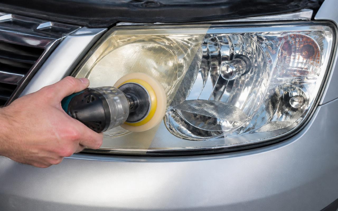Hand using a polishing tool on a car headlight lens, half restored to clear and half still hazy