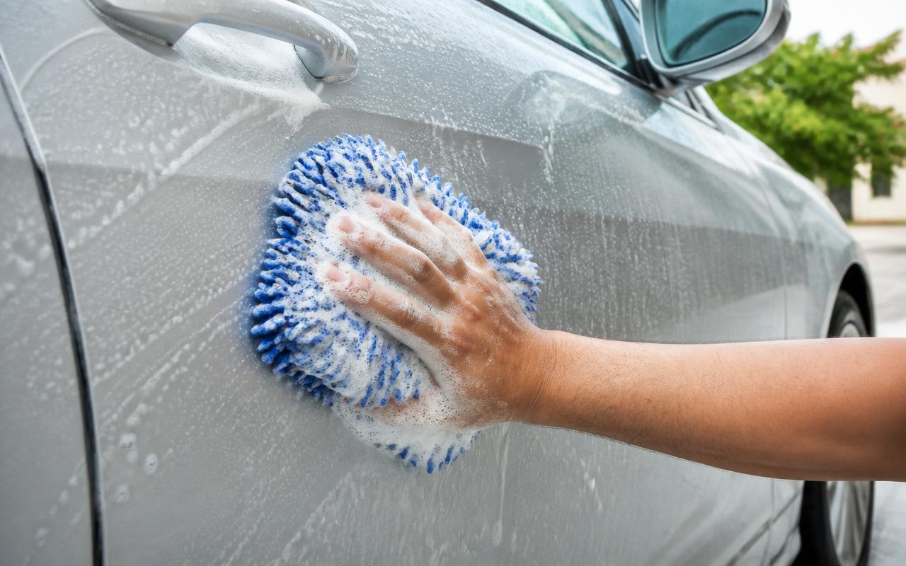 Hand gliding a soapy microfiber wash mitt across a silver car door during a detailed maintenance wash
