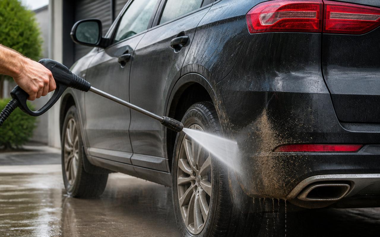 Hand aiming a pressure washer spray gun at a dirty black SUV wheel during a mobile car wash