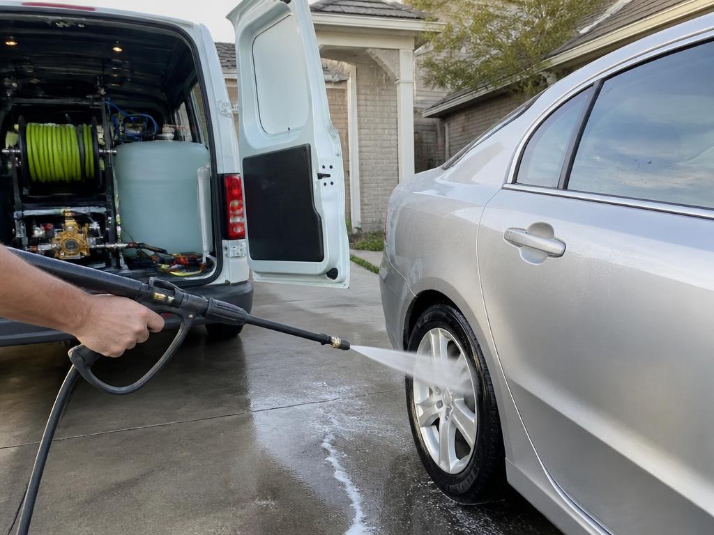 Hand using a pressure washer wand on a customer sedan beside an equipped mobile detailing van in a driveway