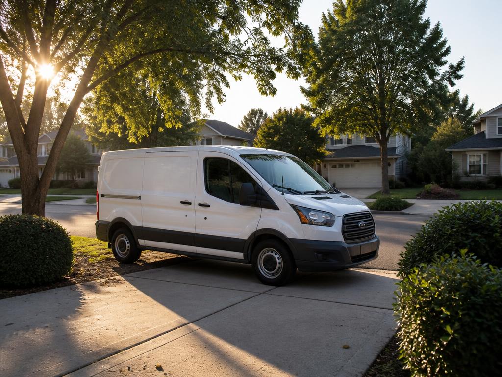 Plain white service van parked in a quiet suburban driveway in early morning light