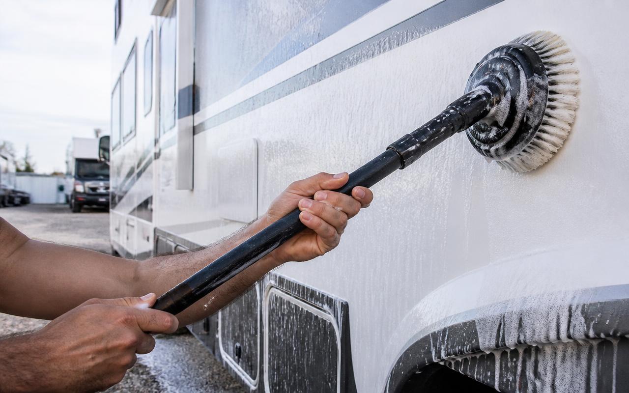 Hands scrubbing the soapy side panel of a motorhome with a long-reach brush during RV detailing