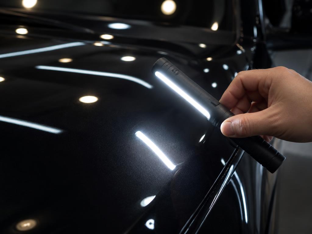 Hand holding an LED inspection light across flawless dark car paint