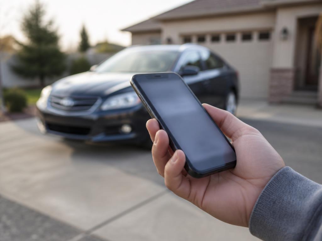 Hand holding a phone beside a clean parked sedan while requesting a free mobile detailing estimate