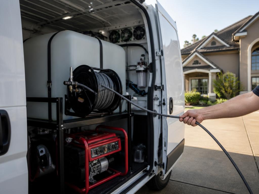Hand pulling a hose from a mobile detailing van loaded with a water tank and generator in a customer driveway