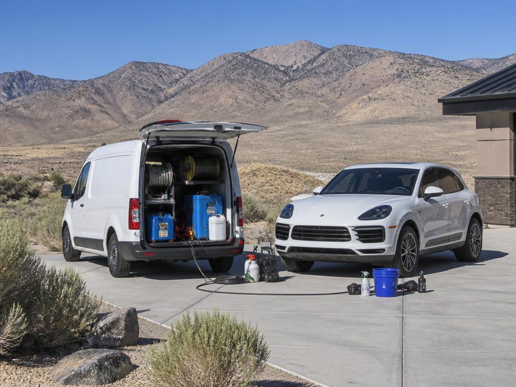 Self-contained mobile detailing van and equipment beside a clean SUV in a Northern Nevada high-desert driveway