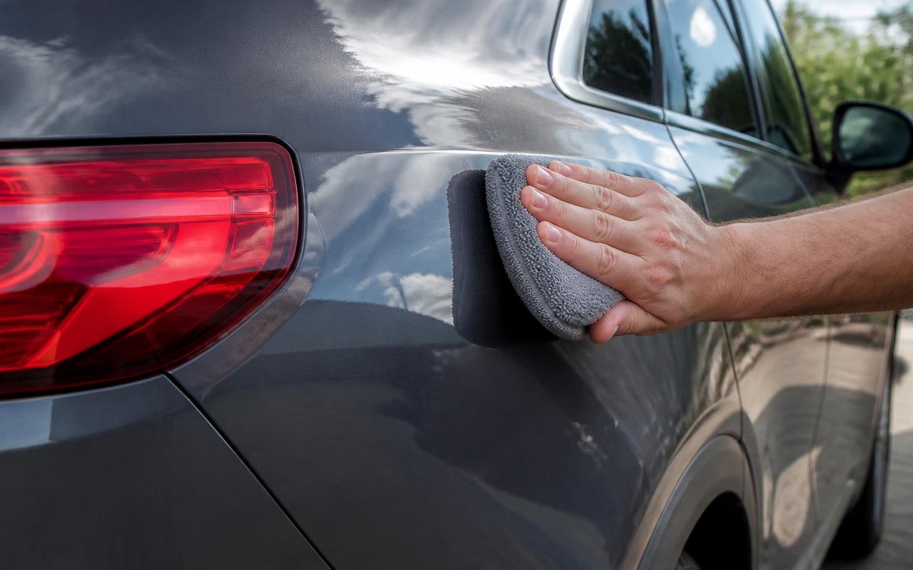 Hand applying protective sealant to a dark grey car panel with a microfiber applicator pad